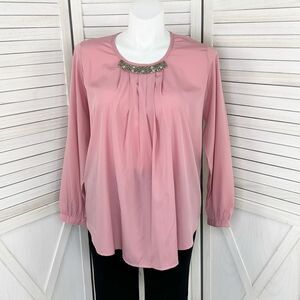 Anthony Richards Beaded Neck Pleat Front‎ Blouse Pink Rose 12 Long Sleeve